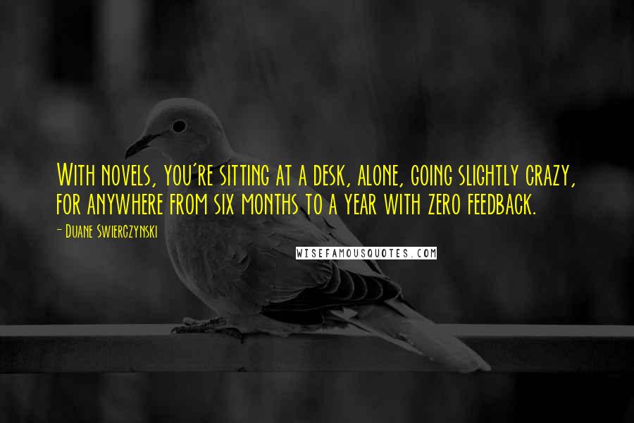 Duane Swierczynski quotes: With novels, you're sitting at a desk, alone, going slightly crazy, for anywhere from six months to a year with zero feedback. Duane Swierczynski quotes: With novels, you're sitting at a desk, alone, going slightly crazy, for anywhere from six months to a year with zero feedback.