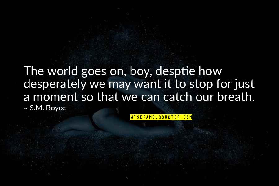 Dueler H L Quotes By S.M. Boyce: The world goes on, boy, desptie how desperately Dueler H L Quotes By S.M. Boyce: The world goes on, boy, desptie how desperately