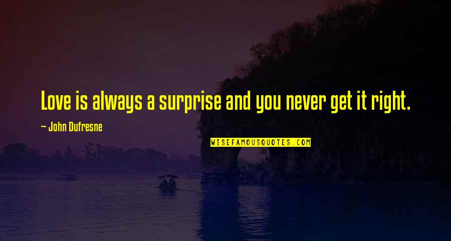 Dufresne's Quotes By John Dufresne: Love is always a surprise and you never Dufresne's Quotes By John Dufresne: Love is always a surprise and you never