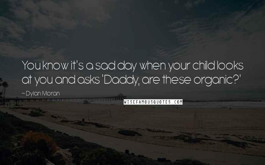 Dylan Moran quotes: You know it's a sad day when your child looks at you and asks 'Daddy, are these organic?'