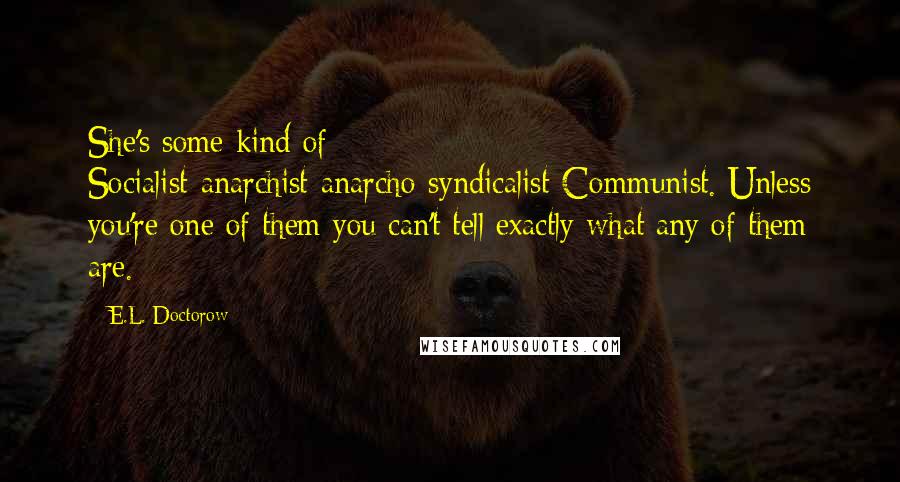 E.L. Doctorow quotes: She's some kind of Socialist-anarchist-anarcho-syndicalist-Communist. Unless you're one of them you can't tell exactly what any of them are.