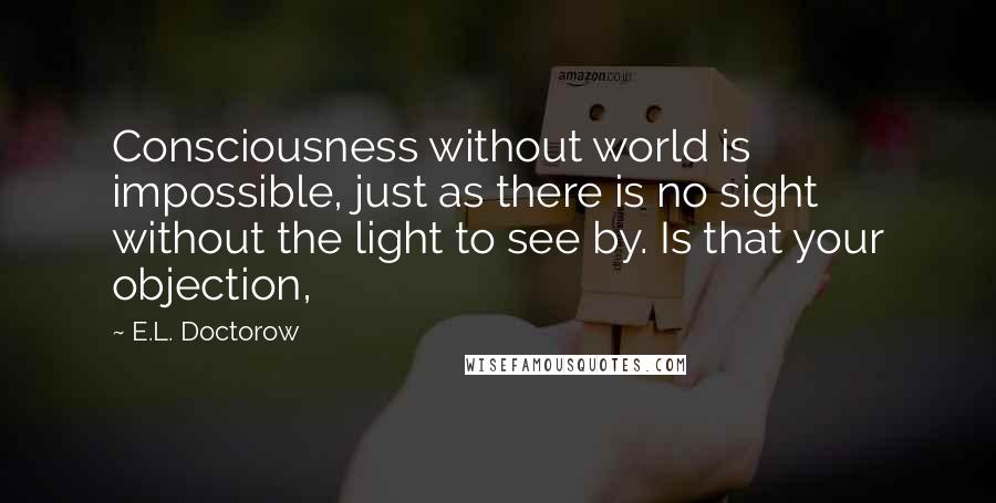 E.L. Doctorow quotes: Consciousness without world is impossible, just as there is no sight without the light to see by. Is that your objection,
