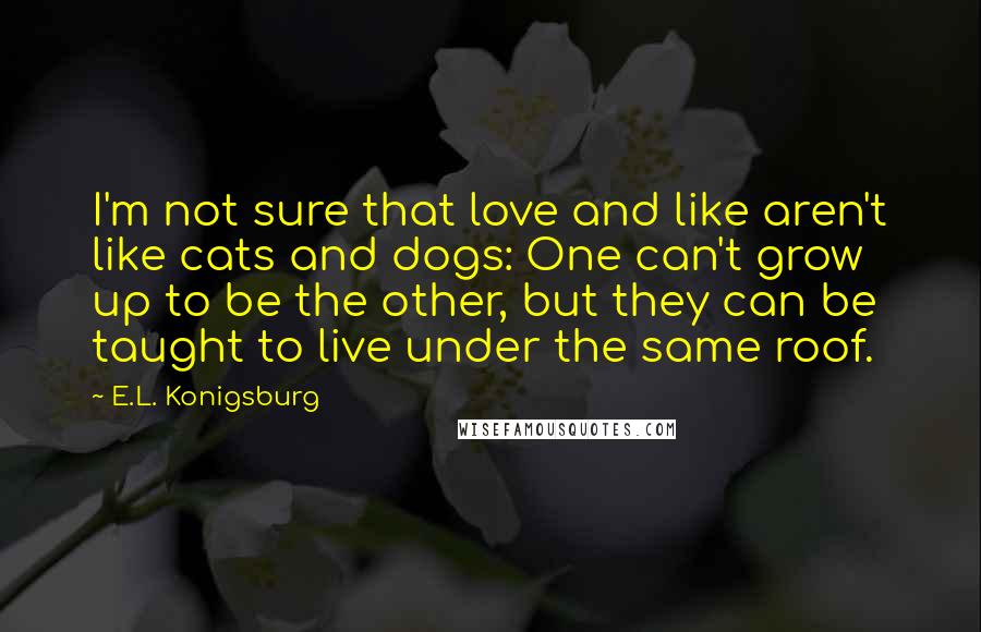 E.L. Konigsburg quotes: I'm not sure that love and like aren't like cats and dogs: One can't grow up to be the other, but they can be taught to live under the same