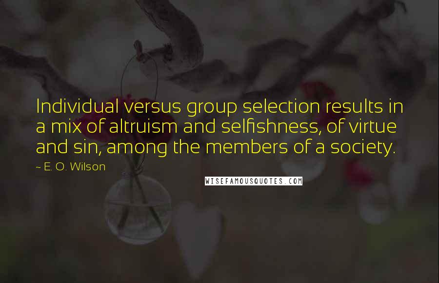 E. O. Wilson quotes: Individual versus group selection results in a mix of altruism and selfishness, of virtue and sin, among the members of a society. E. O. Wilson quotes: Individual versus group selection results in a mix of altruism and selfishness, of virtue and sin, among the members of a society.