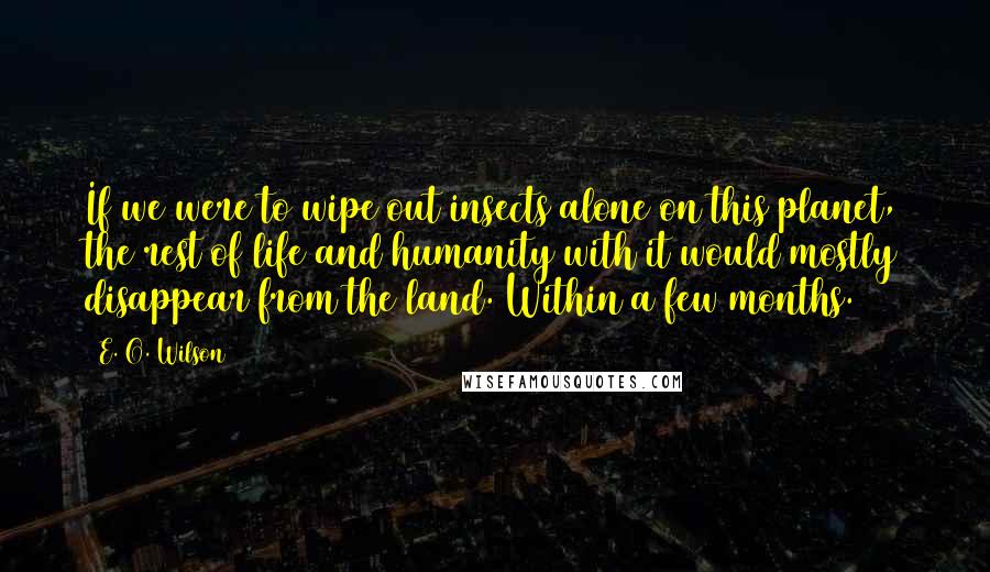 E. O. Wilson quotes: If we were to wipe out insects alone on this planet, the rest of life and humanity with it would mostly disappear from the land. Within a few months. E. O. Wilson quotes: If we were to wipe out insects alone on this planet, the rest of life and humanity with it would mostly disappear from the land. Within a few months.