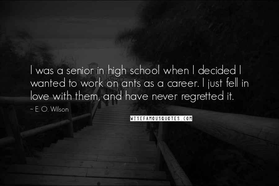 E. O. Wilson quotes: I was a senior in high school when I decided I wanted to work on ants as a career. I just fell in love with them, and have never regretted