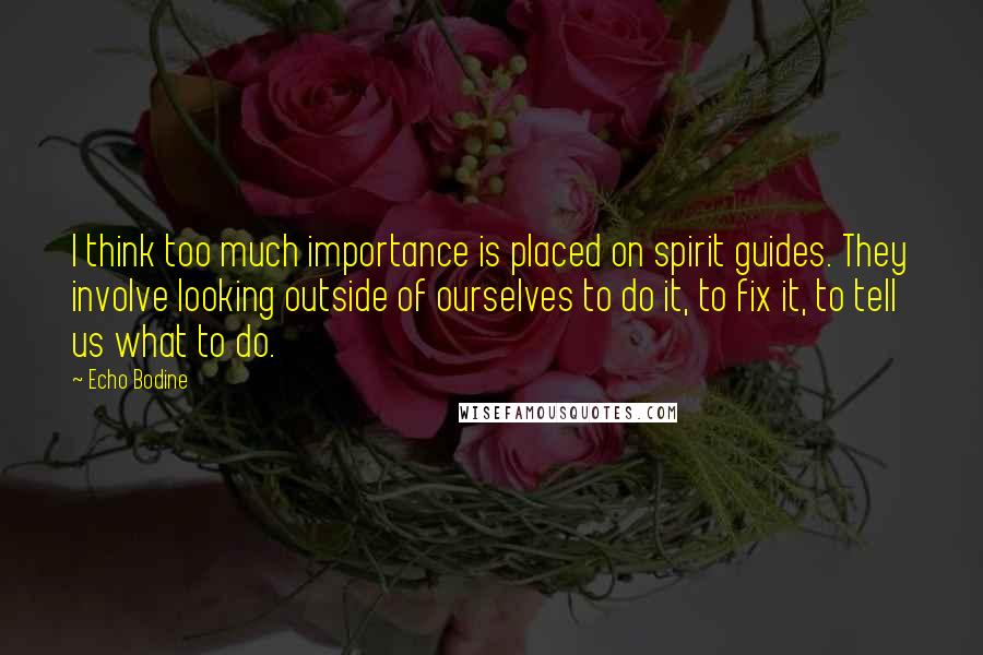 Echo Bodine quotes: I think too much importance is placed on spirit guides. They involve looking outside of ourselves to do it, to fix it, to tell us what to do.