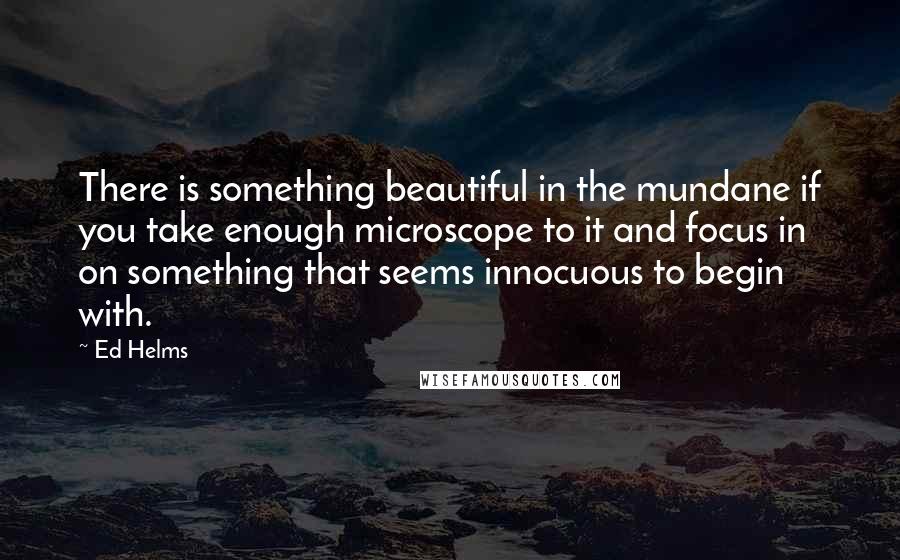 Ed Helms quotes: There is something beautiful in the mundane if you take enough microscope to it and focus in on something that seems innocuous to begin with.