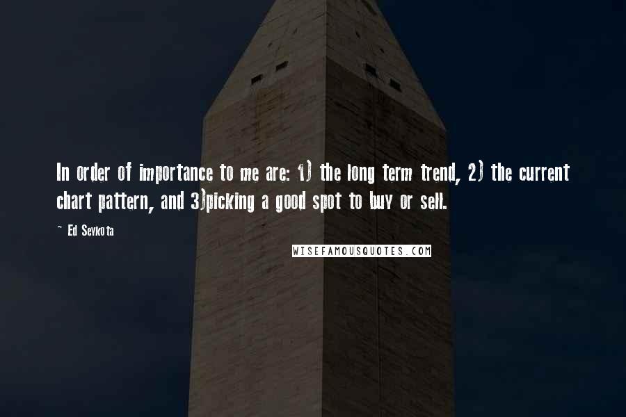 Ed Seykota quotes: In order of importance to me are: 1) the long term trend, 2) the current chart pattern, and 3)picking a good spot to buy or sell.