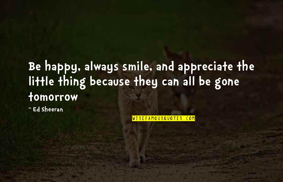 Ed Sheeran Quotes By Ed Sheeran: Be happy, always smile, and appreciate the little