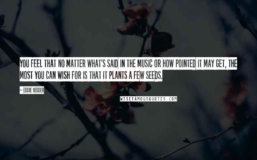 Eddie Vedder quotes: You feel that no matter what's said in the music or how pointed it may get, the most you can wish for is that it plants a few seeds.