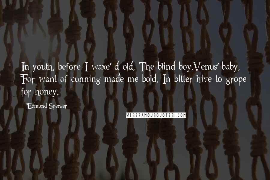 Edmund Spenser quotes: In youth, before I waxe' d old, The blind boy,Venus' baby, For want of cunning made me bold, In bitter hive to grope for honey.