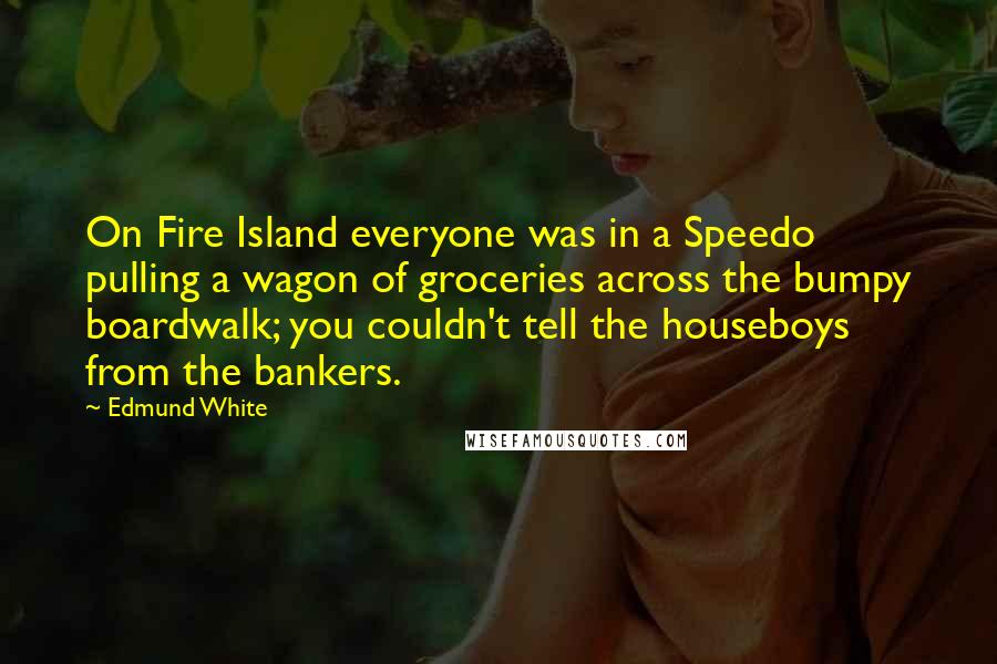 Edmund White quotes: On Fire Island everyone was in a Speedo pulling a wagon of groceries across the bumpy boardwalk; you couldn't tell the houseboys from the bankers.