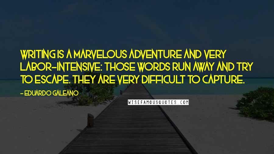 Eduardo Galeano quotes: Writing is a marvelous adventure and very labor-intensive: those words run away and try to escape. They are very difficult to capture.
