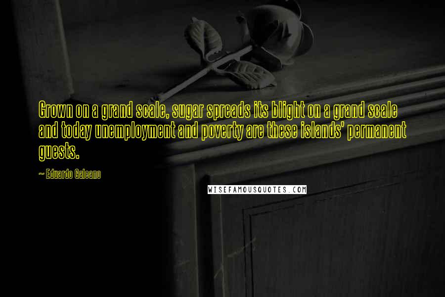 Eduardo Galeano quotes: Grown on a grand scale, sugar spreads its blight on a grand scale and today unemployment and poverty are these islands' permanent guests.