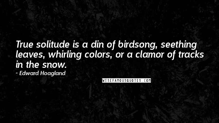 Edward Hoagland quotes: True solitude is a din of birdsong, seething leaves, whirling colors, or a clamor of tracks in the snow.