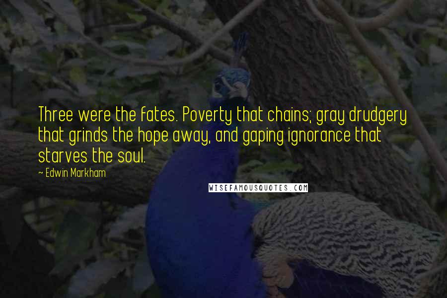Edwin Markham quotes: Three were the fates. Poverty that chains; gray drudgery that grinds the hope away, and gaping ignorance that starves the soul. Edwin Markham quotes: Three were the fates. Poverty that chains; gray drudgery that grinds the hope away, and gaping ignorance that starves the soul.