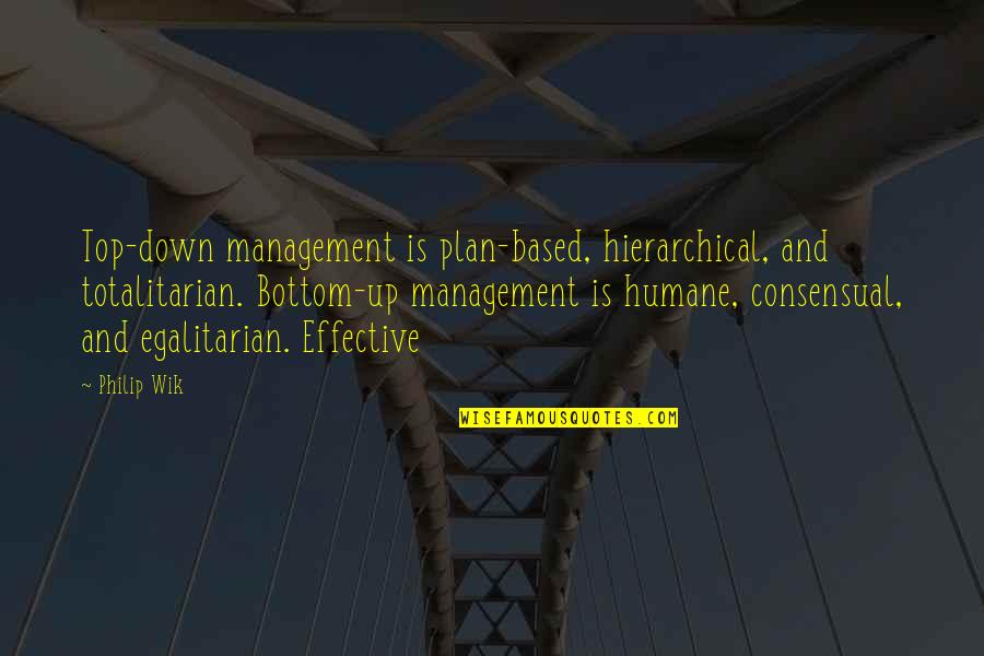 Egalitarian Quotes By Philip Wik: Top-down management is plan-based, hierarchical, and totalitarian. Bottom-up