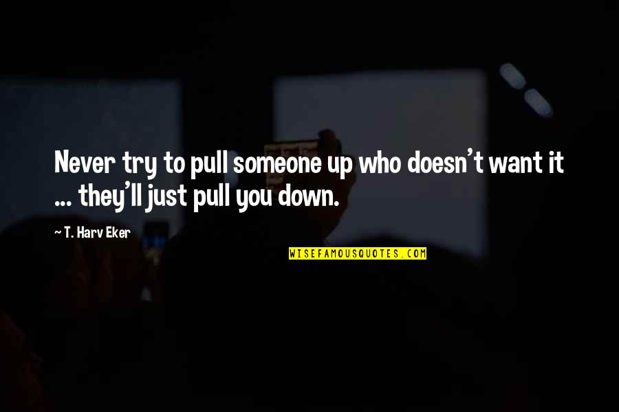 Eker Quotes By T. Harv Eker: Never try to pull someone up who doesn't