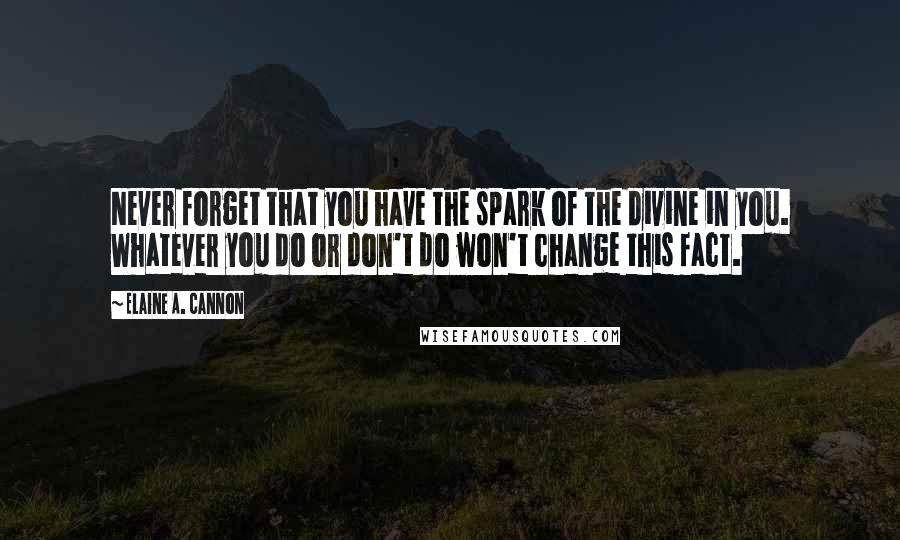 Elaine A. Cannon quotes: Never forget that you have the spark of the divine in you. Whatever you do or don't do won't change this fact. Elaine A. Cannon quotes: Never forget that you have the spark of the divine in you. Whatever you do or don't do won't change this fact.