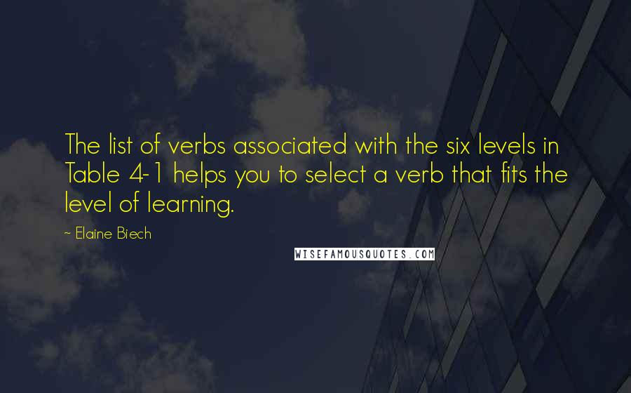 Elaine Biech quotes: The list of verbs associated with the six levels in Table 4-1 helps you to select a verb that fits the level of learning. Elaine Biech quotes: The list of verbs associated with the six levels in Table 4-1 helps you to select a verb that fits the level of learning.