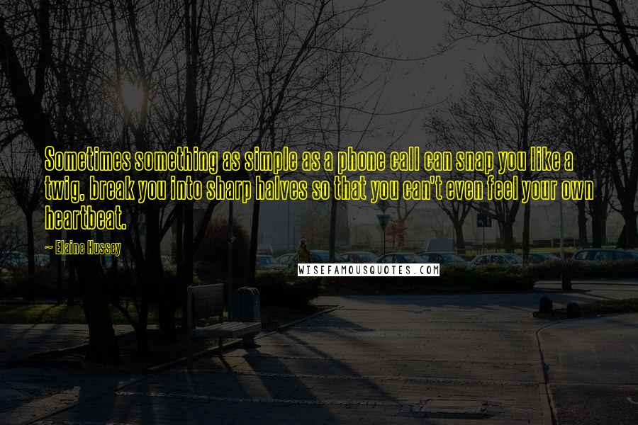 Elaine Hussey quotes: Sometimes something as simple as a phone call can snap you like a twig, break you into sharp halves so that you can't even feel your own heartbeat.