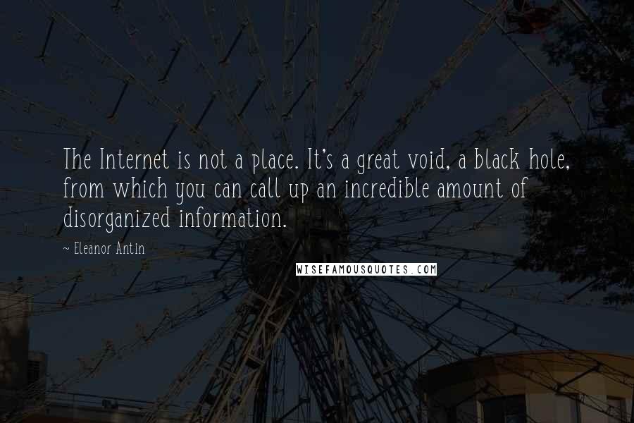 Eleanor Antin quotes: The Internet is not a place. It's a great void, a black hole, from which you can call up an incredible amount of disorganized information.