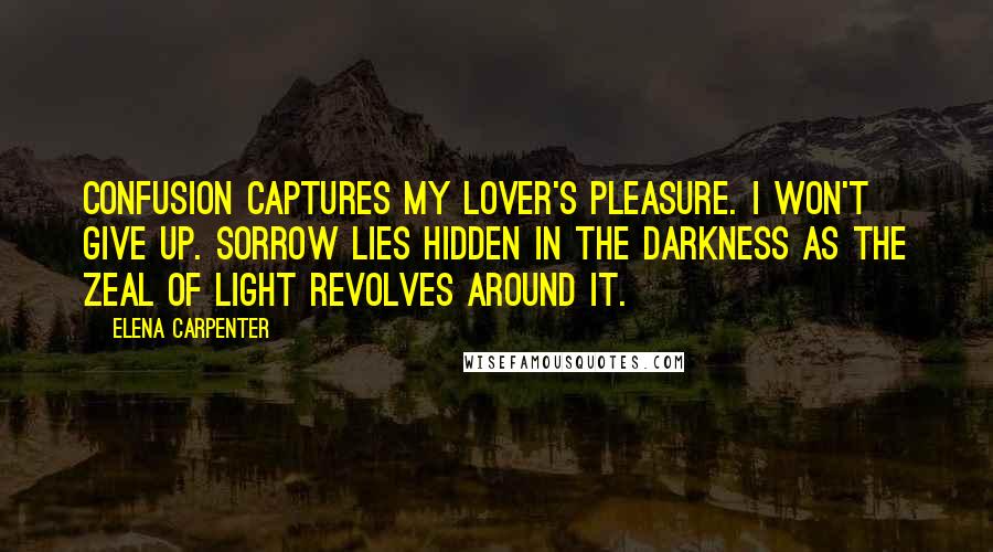 Elena Carpenter quotes: confusion captures my lover's pleasure. I won't give up. Sorrow lies hidden in the darkness as the zeal of light revolves around it.