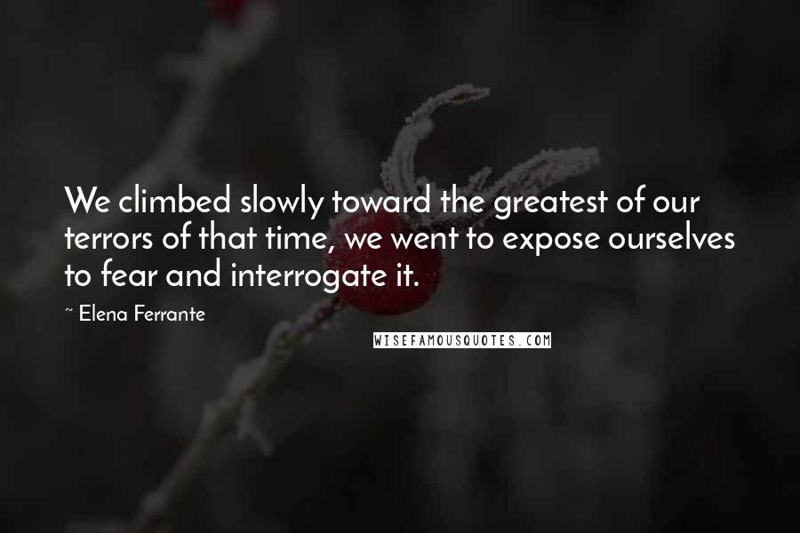 Elena Ferrante quotes: We climbed slowly toward the greatest of our terrors of that time, we went to expose ourselves to fear and interrogate it. Elena Ferrante quotes: We climbed slowly toward the greatest of our terrors of that time, we went to expose ourselves to fear and interrogate it.