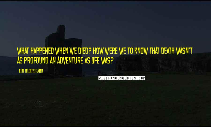 Elin Hilderbrand quotes: What happened when we died? How were we to know that death wasn't as profound an adventure as life was? Elin Hilderbrand quotes: What happened when we died? How were we to know that death wasn't as profound an adventure as life was?