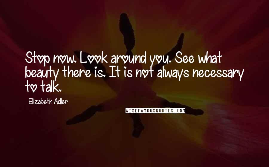 Elizabeth Adler quotes: Stop now. Look around you. See what beauty there is. It is not always necessary to talk.