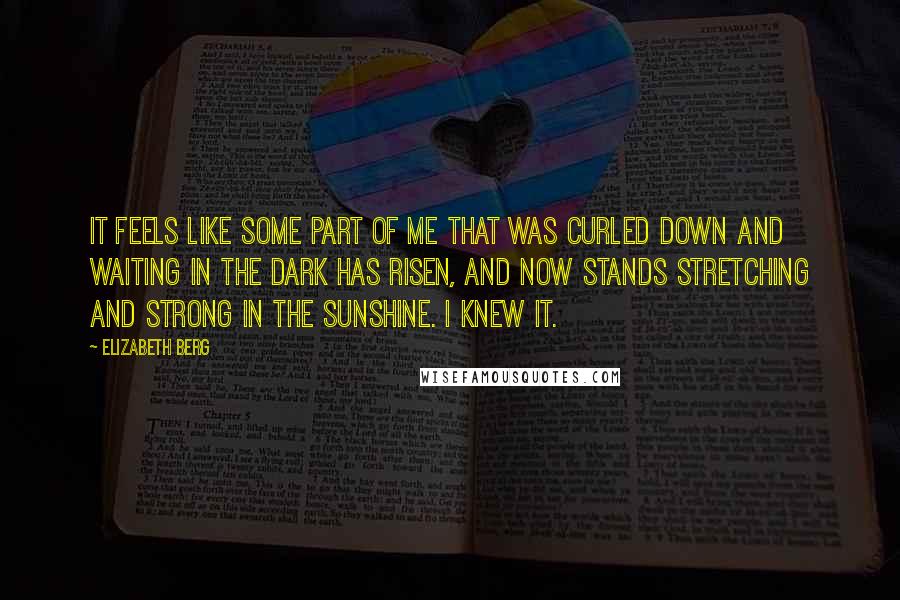 Elizabeth Berg quotes: It feels like some part of me that was curled down and waiting in the dark has risen, and now stands stretching and strong in the sunshine. I knew it. Elizabeth Berg quotes: It feels like some part of me that was curled down and waiting in the dark has risen, and now stands stretching and strong in the sunshine. I knew it.