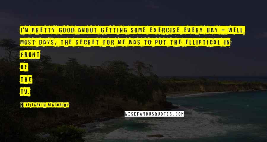Elizabeth Blackburn quotes: I'm pretty good about getting some exercise every day - well, most days. The secret for me was to put the elliptical in front of the TV. Elizabeth Blackburn quotes: I'm pretty good about getting some exercise every day - well, most days. The secret for me was to put the elliptical in front of the TV.