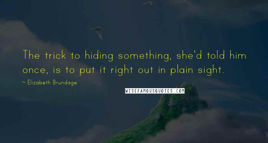 Elizabeth Brundage quotes: The trick to hiding something, she'd told him once, is to put it right out in plain sight.