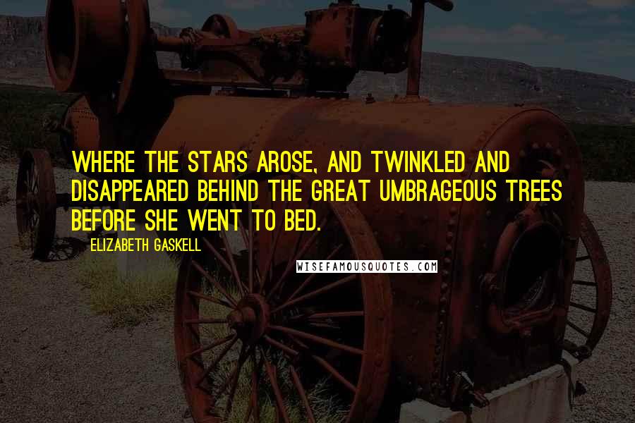 Elizabeth Gaskell quotes: Where the stars arose, and twinkled and disappeared behind the great umbrageous trees before she went to bed.