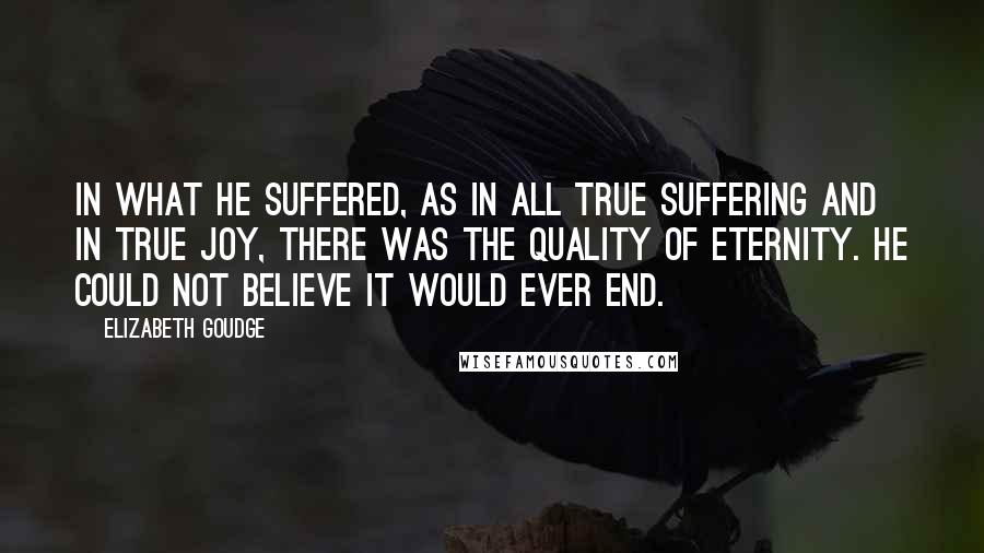 Elizabeth Goudge quotes: In what he suffered, as in all true suffering and in true joy, there was the quality of eternity. He could not believe it would ever end.