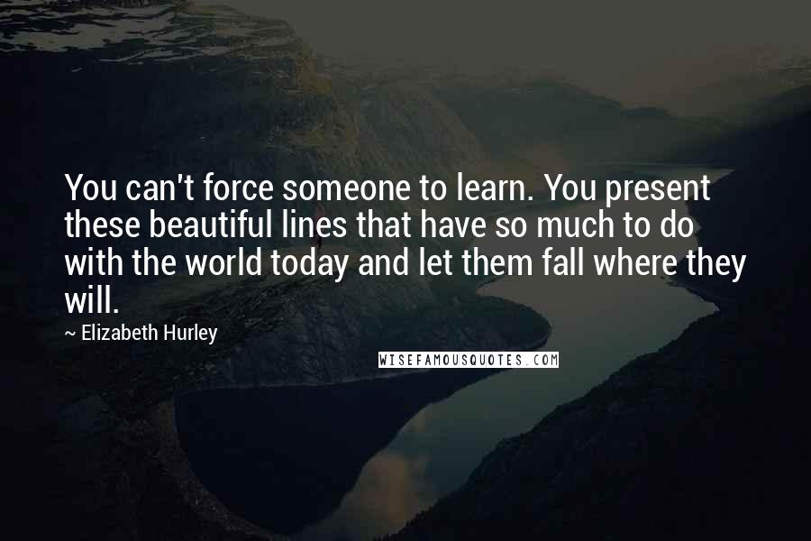 Elizabeth Hurley quotes: You can't force someone to learn. You present these beautiful lines that have so much to do with the world today and let them fall where they will.