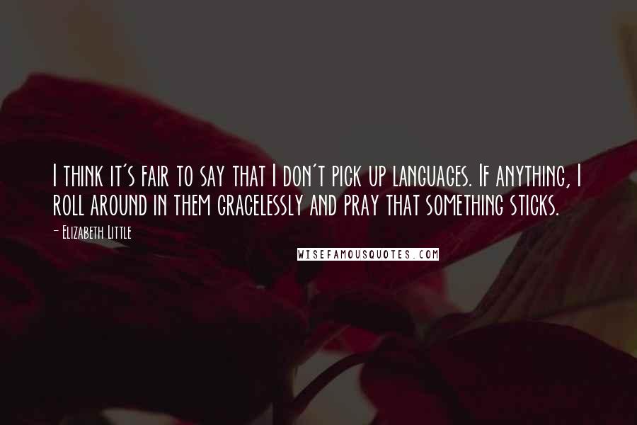 Elizabeth Little quotes: I think it's fair to say that I don't pick up languages. If anything, I roll around in them gracelessly and pray that something sticks. Elizabeth Little quotes: I think it's fair to say that I don't pick up languages. If anything, I roll around in them gracelessly and pray that something sticks.