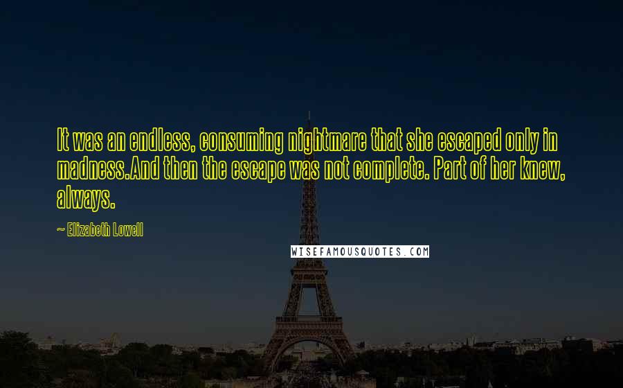 Elizabeth Lowell quotes: It was an endless, consuming nightmare that she escaped only in madness.And then the escape was not complete. Part of her knew, always.