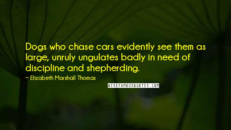 Elizabeth Marshall Thomas quotes: Dogs who chase cars evidently see them as large, unruly ungulates badly in need of discipline and shepherding. Elizabeth Marshall Thomas quotes: Dogs who chase cars evidently see them as large, unruly ungulates badly in need of discipline and shepherding.