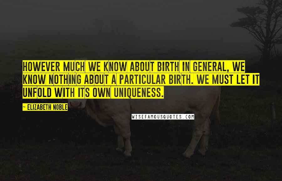 Elizabeth Noble quotes: However much we know about birth in general, we know nothing about a particular birth. We must let it unfold with its own uniqueness. Elizabeth Noble quotes: However much we know about birth in general, we know nothing about a particular birth. We must let it unfold with its own uniqueness.