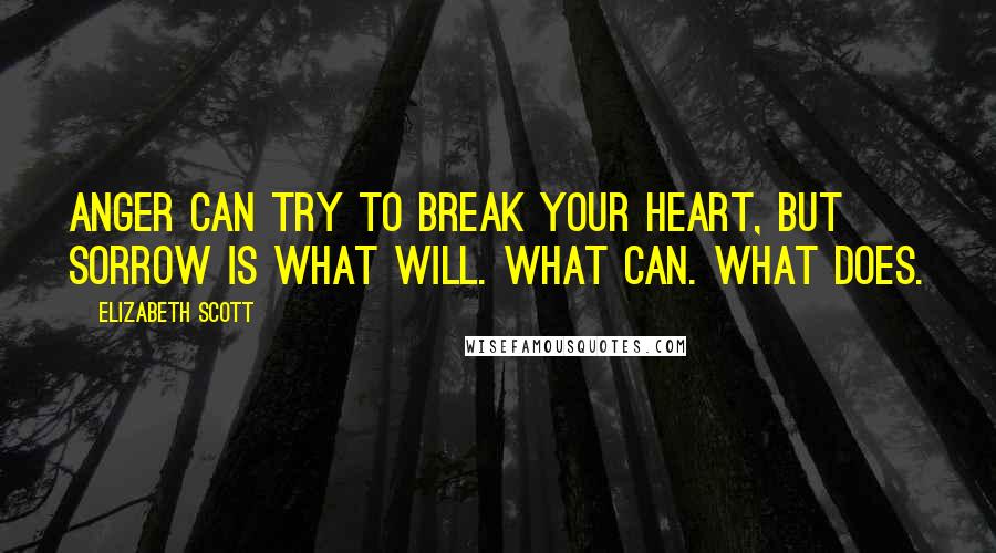 Elizabeth Scott quotes: Anger can try to break your heart, but sorrow is what will. What can. What does.