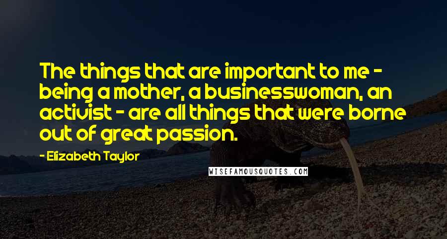 Elizabeth Taylor quotes: The things that are important to me - being a mother, a businesswoman, an activist - are all things that were borne out of great passion.