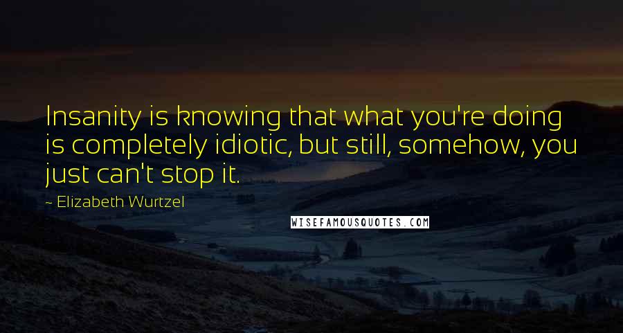 Elizabeth Wurtzel quotes: Insanity is knowing that what you're doing is completely idiotic, but still, somehow, you just can't stop it.