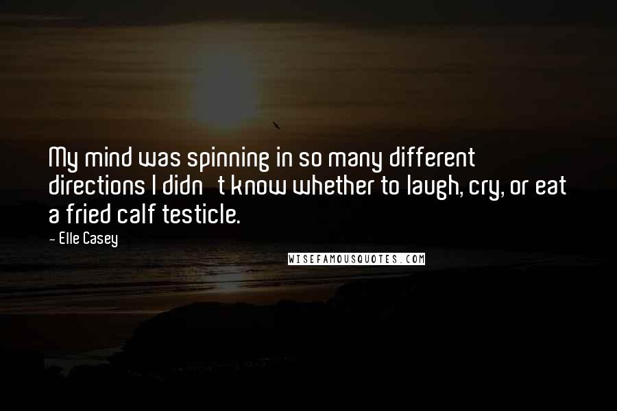 Elle Casey quotes: My mind was spinning in so many different directions I didn't know whether to laugh, cry, or eat a fried calf testicle.