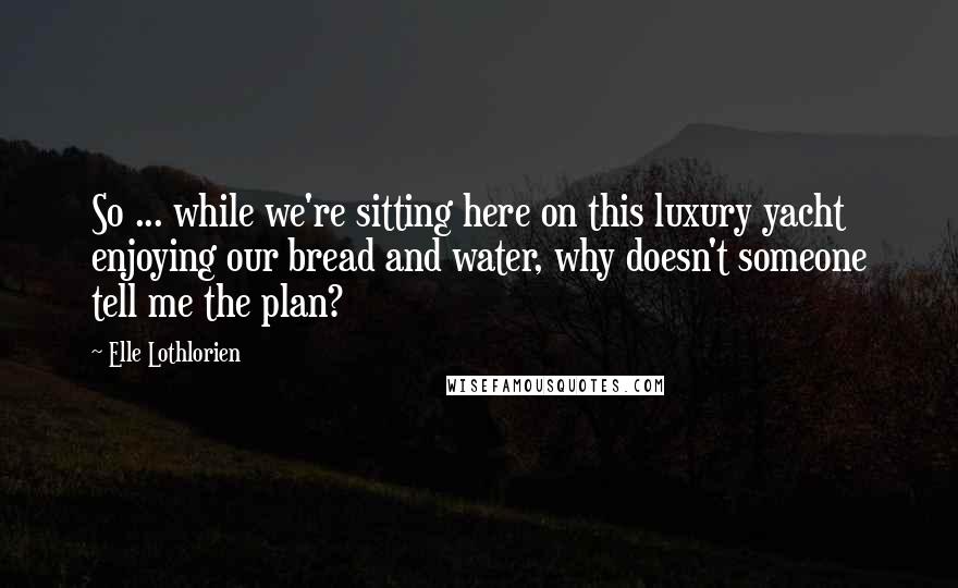 Elle Lothlorien quotes: So ... while we're sitting here on this luxury yacht enjoying our bread and water, why doesn't someone tell me the plan? Elle Lothlorien quotes: So ... while we're sitting here on this luxury yacht enjoying our bread and water, why doesn't someone tell me the plan?
