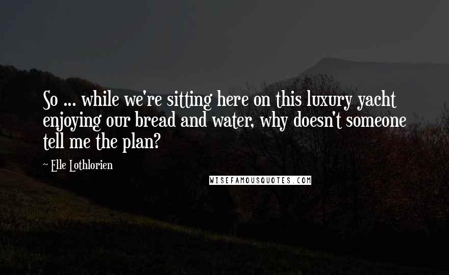 Elle Lothlorien quotes: So ... while we're sitting here on this luxury yacht enjoying our bread and water, why doesn't someone tell me the plan?