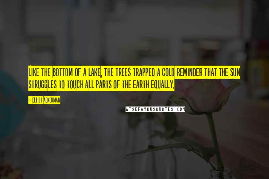 Elliot Ackerman quotes: Like the bottom of a lake, the trees trapped a cold reminder that the sun struggles to touch all parts of the earth equally.
