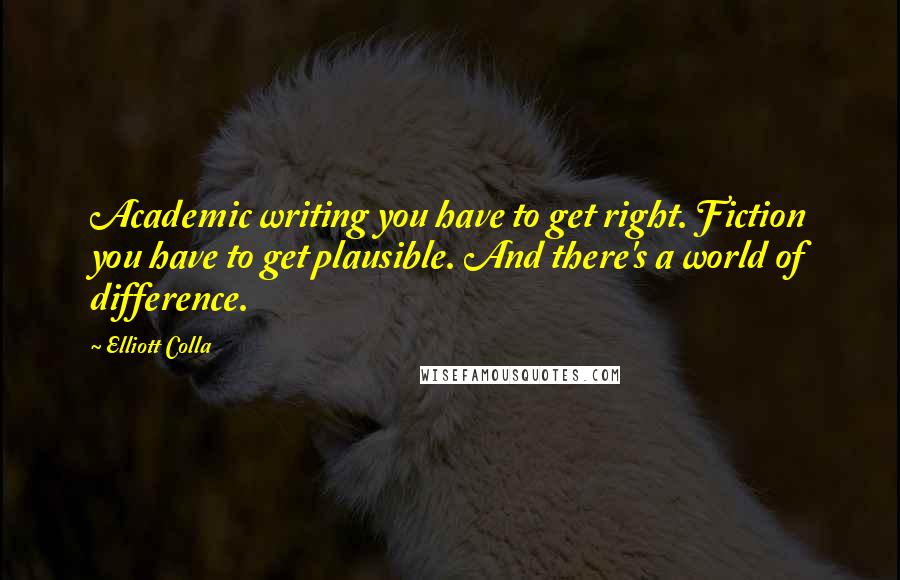 Elliott Colla quotes: Academic writing you have to get right. Fiction you have to get plausible. And there's a world of difference.