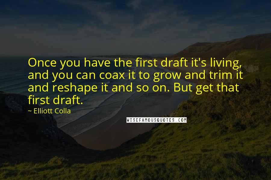 Elliott Colla quotes: Once you have the first draft it's living, and you can coax it to grow and trim it and reshape it and so on. But get that first draft. Elliott Colla quotes: Once you have the first draft it's living, and you can coax it to grow and trim it and reshape it and so on. But get that first draft.